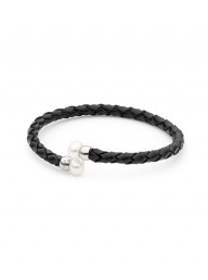 IKECHO PEARLS - Black Leather Stainless Steel Bracelet