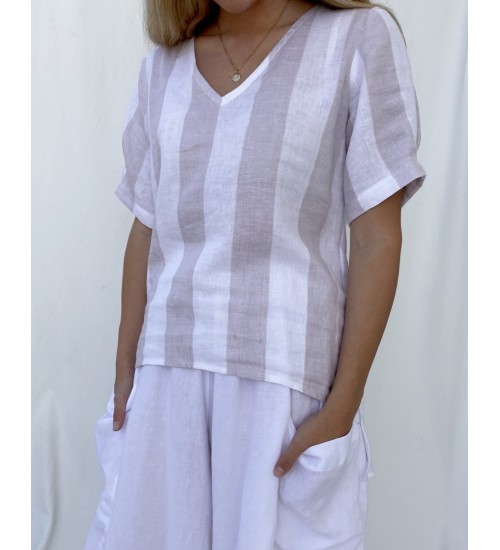 LISA BROWN - Loni Linen Vee - White  (*Pictured in Stripe)