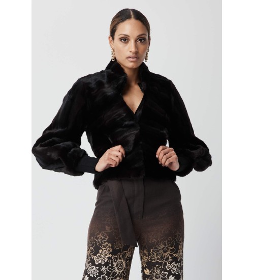 ONCEWAS - Farrah Faux Fur Volume Sleeve Cropped Jacket - Chocolate
