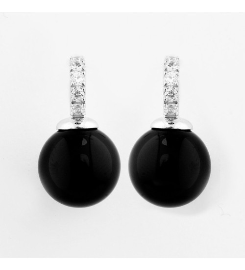 SYBELLA - 1/2 Pave Hook & 12mm Black Agate Earrings